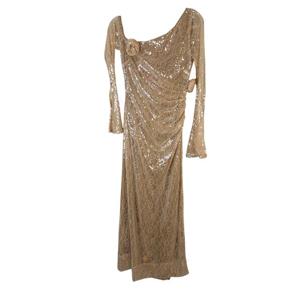LPA Aniella Sequined Lace Gown Rosette One Shoulder Formal Party Champagne S - Picture 4 of 16